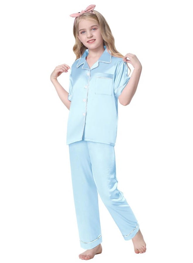 Schbbbta Girls Pajama Set Button Down Silk Pajama Sleepwear Nightwear for Kids, Light Blue, 5-6 Years = Tag 130 - Image 4