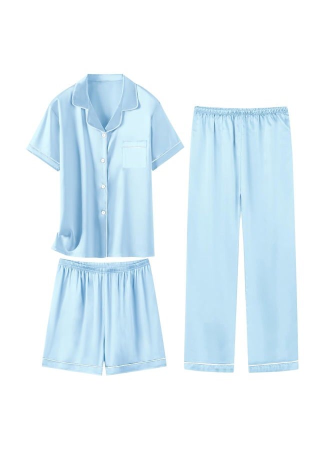 Schbbbta Girls Pajama Set Button Down Silk Pajama Sleepwear Nightwear for Kids, Light Blue, 5-6 Years = Tag 130 - Image 1