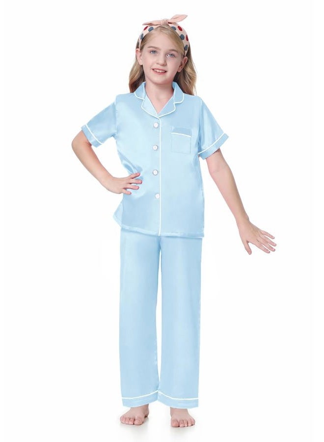 Schbbbta Girls Pajama Set Button Down Silk Pajama Sleepwear Nightwear for Kids, Light Blue, 5-6 Years = Tag 130 - Image 5
