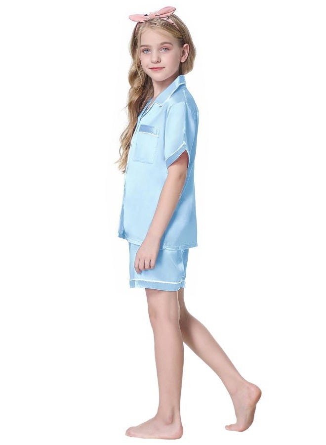 Schbbbta Girls Pajama Set Button Down Silk Pajama Sleepwear Nightwear for Kids, Light Blue, 5-6 Years = Tag 130 - Image 3