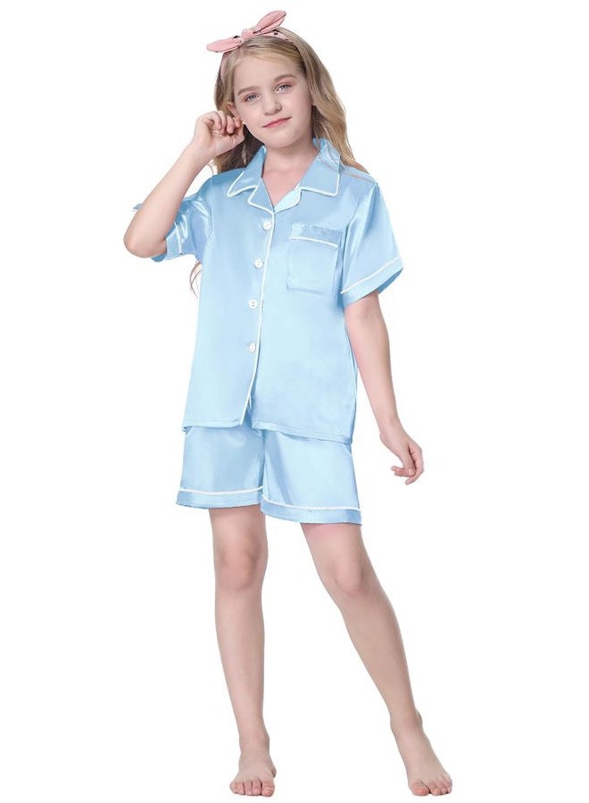 Schbbbta Girls Pajama Set Button Down Silk Pajama Sleepwear Nightwear for Kids, Light Blue, 5-6 Years = Tag 130 - Image 2