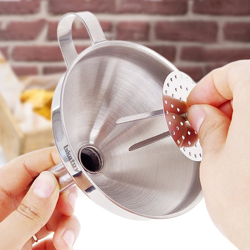 Lakatay 5-Inch Food Grade Stainless Steel Kitchen Funnel with Strainer Filter for Transferring of Liquid Dry Ingredients and Metal Cooking Funnelâ€”Silver - Image 4
