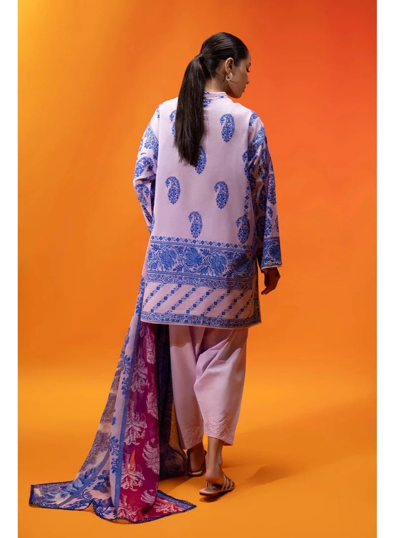 Bazm-A Fashion Atelier  Women's Boxy Short Kurta with Slim-Fit Shalwar and Dupatta, Pink with Blue Paisley Print for Women | Best Price UAE