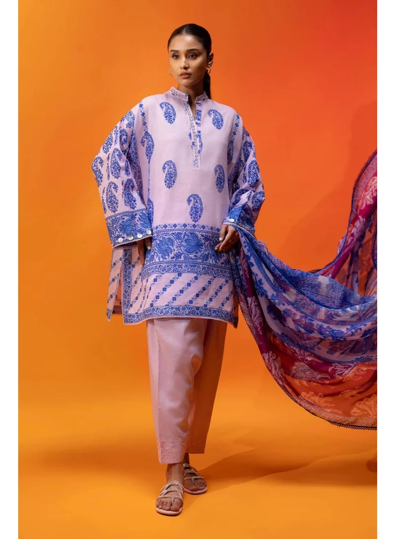 Women's Boxy Short Kurta with Slim-Fit Shalwar and Dupatta, Pink with Blue Paisley Print