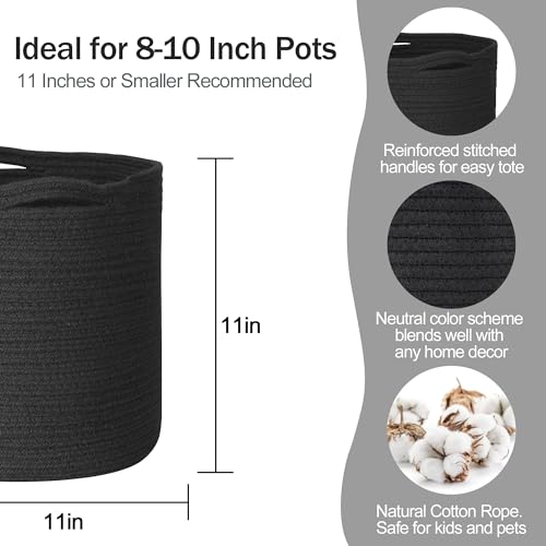 MEGASKET Cotton Rope Plant Basket Woven Basket Planter for 10 inch Pot Round Indoor Tree Pot Cover Small Storage Bin Organizer Modern Bins for Plants and Home Decor 11X11 Black - Image 3