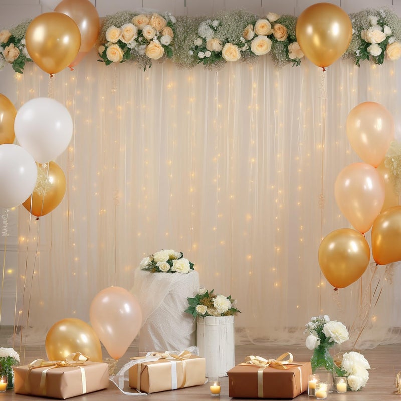 PARTISKY 10x10ft Champagne Tulle Backdrop Curtain with Lights String for Parites, Sheer Backdrop Curtains for Wedding Baby Shower Birthday Party Photo Shoot Decorations - Image 2