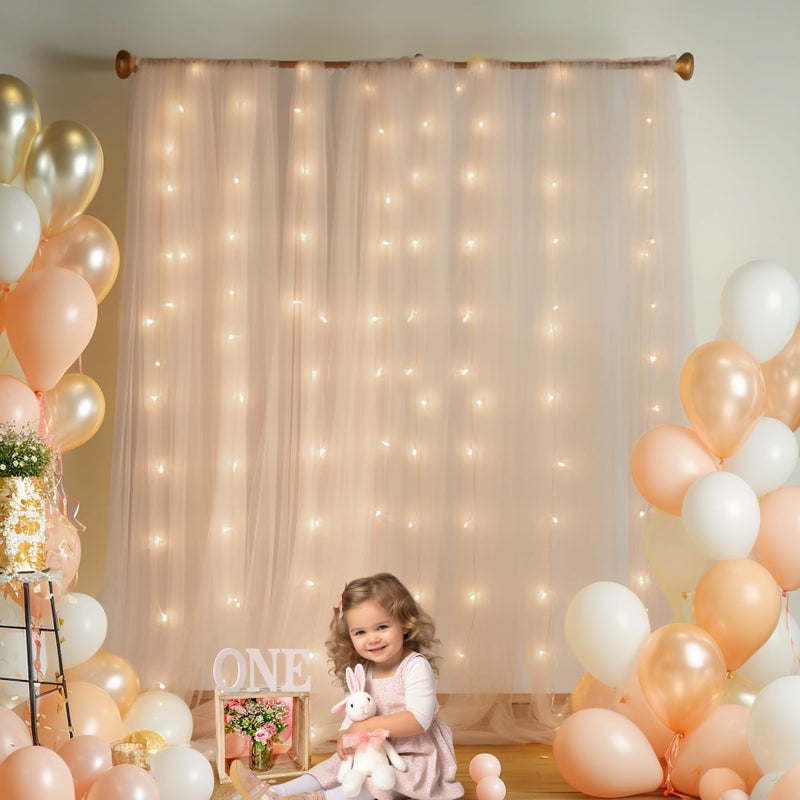 PARTISKY 10x10ft Champagne Tulle Backdrop Curtain with Lights String for Parites, Sheer Backdrop Curtains for Wedding Baby Shower Birthday Party Photo Shoot Decorations - Image 3