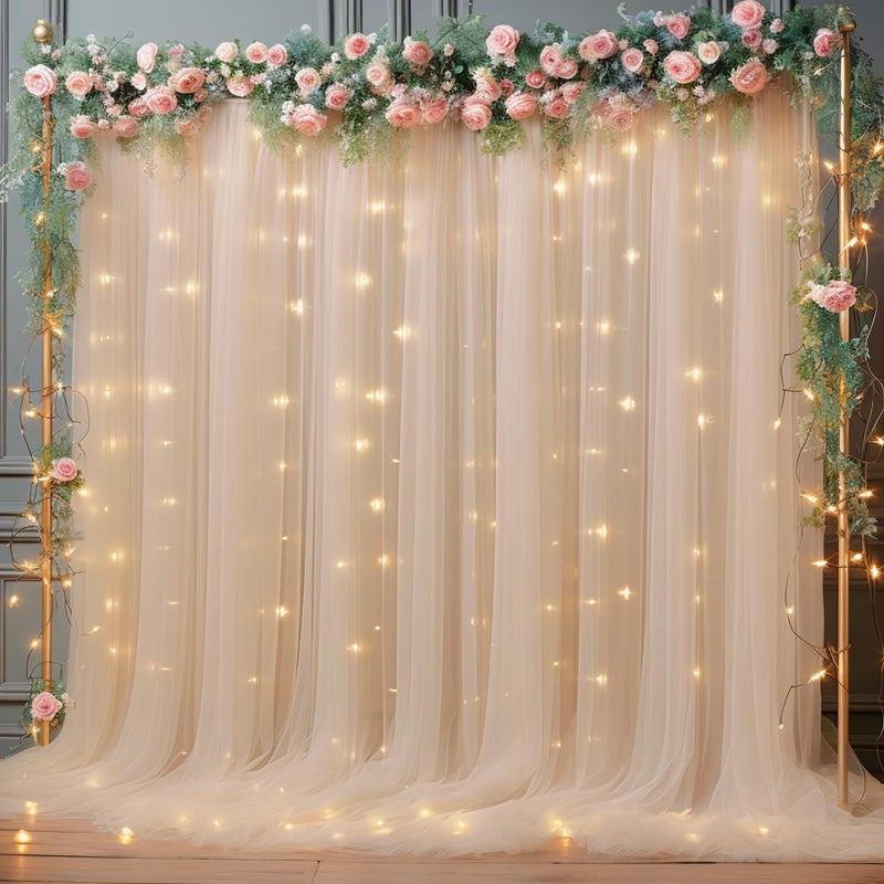 PARTISKY 10x10ft Champagne Tulle Backdrop Curtain with Lights String for Parites, Sheer Backdrop Curtains for Wedding Baby Shower Birthday Party Photo Shoot Decorations - Image 1