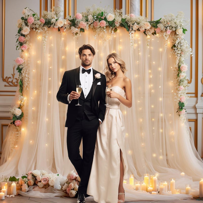 PARTISKY 10x10ft Champagne Tulle Backdrop Curtain with Lights String for Parites, Sheer Backdrop Curtains for Wedding Baby Shower Birthday Party Photo Shoot Decorations - Image 4