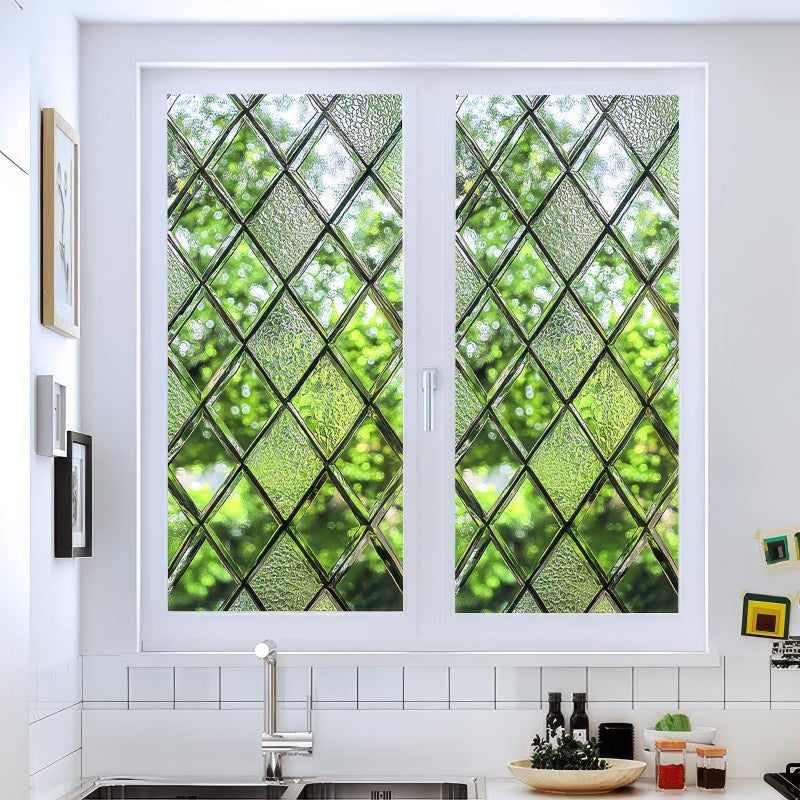 HOMETITUTE Stained Glass Window Film 17.7x39.3 inch Geometry Green Scenery Window Privacy Film Stained Decals Static Cling Sun Blocking Decor for Home Office Windows Door Glass Partitions - Image 1