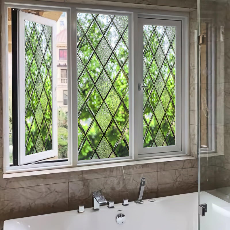 HOMETITUTE Stained Glass Window Film 17.7x39.3 inch Geometry Green Scenery Window Privacy Film Stained Decals Static Cling Sun Blocking Decor for Home Office Windows Door Glass Partitions - Image 2