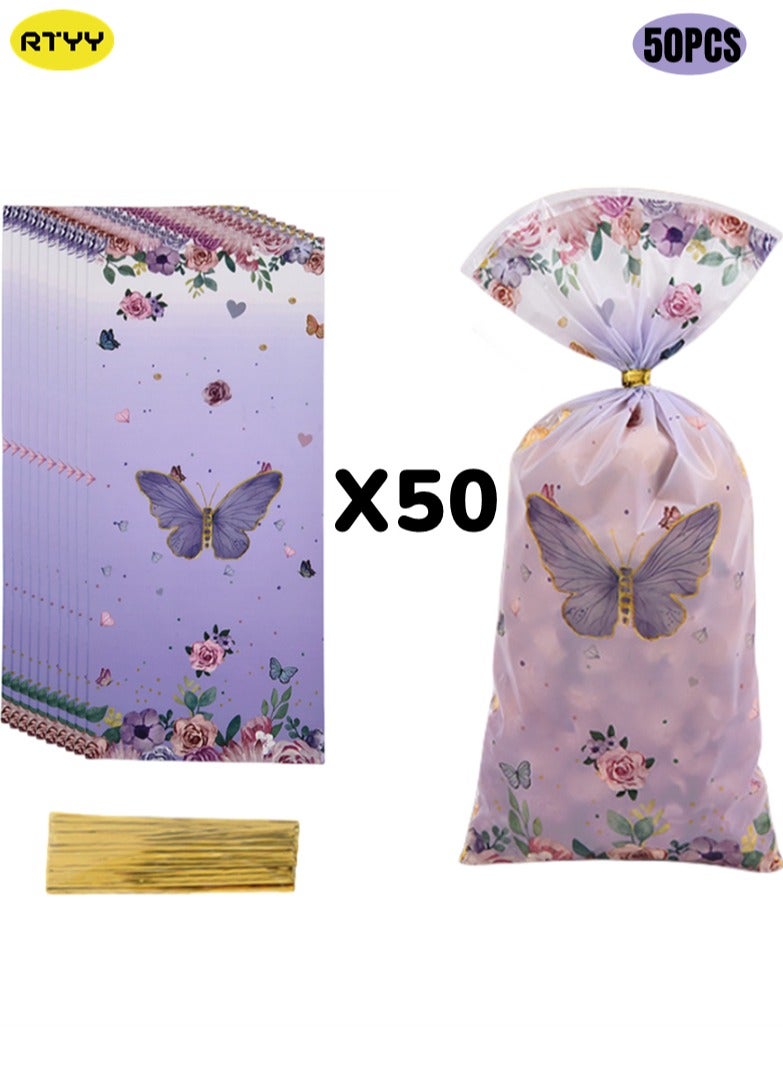 50PCS Butterflies Cellophane Treat Bags Flowers Butterfly Printed Goodie Candy Favor Bags with 50 Twist Ties for Butterfly Girls Birthday Baby Shower Summer Themed Party Supplies