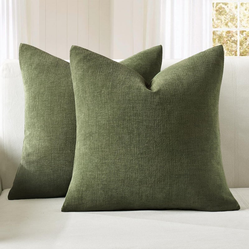 MIULEE Olive Green Couch Pillow Covers 18x18 Inch Set of 2 Soft Chenille Decorative Square Throw Pillow Covers Farmhouse for Sofa Living Room Bed