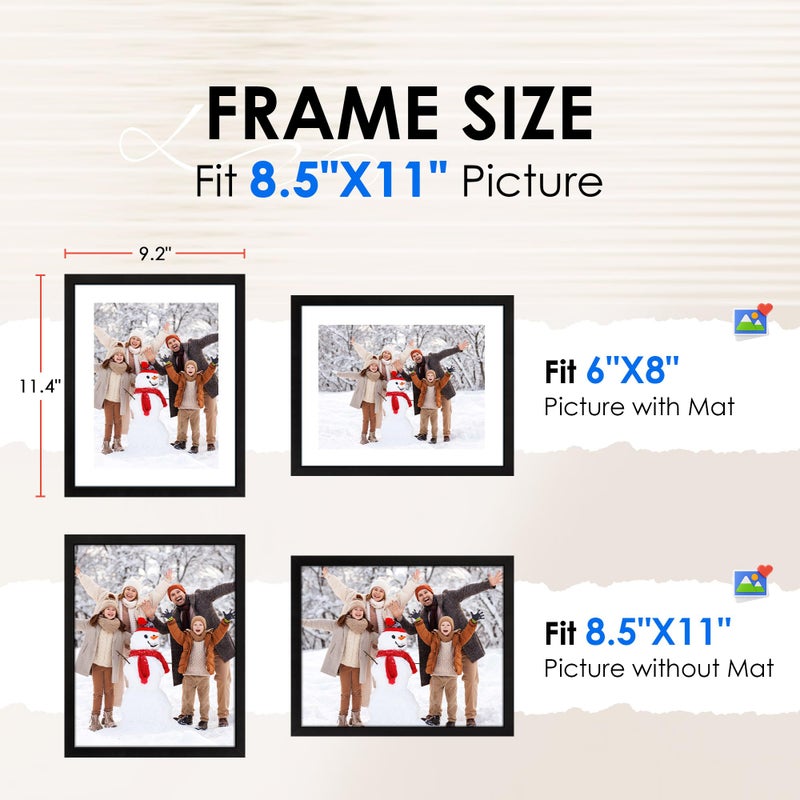 FIXSMITH 8.5x11 Picture Frame Bulk-6 Pack, Photo Frame with HD Plexiglass, Display Pictures 6x8 with Mat or 8.5x11 Without Mat, Black Picture Frames Collage Wall Decor, Gallery Wall Frame - Image 2