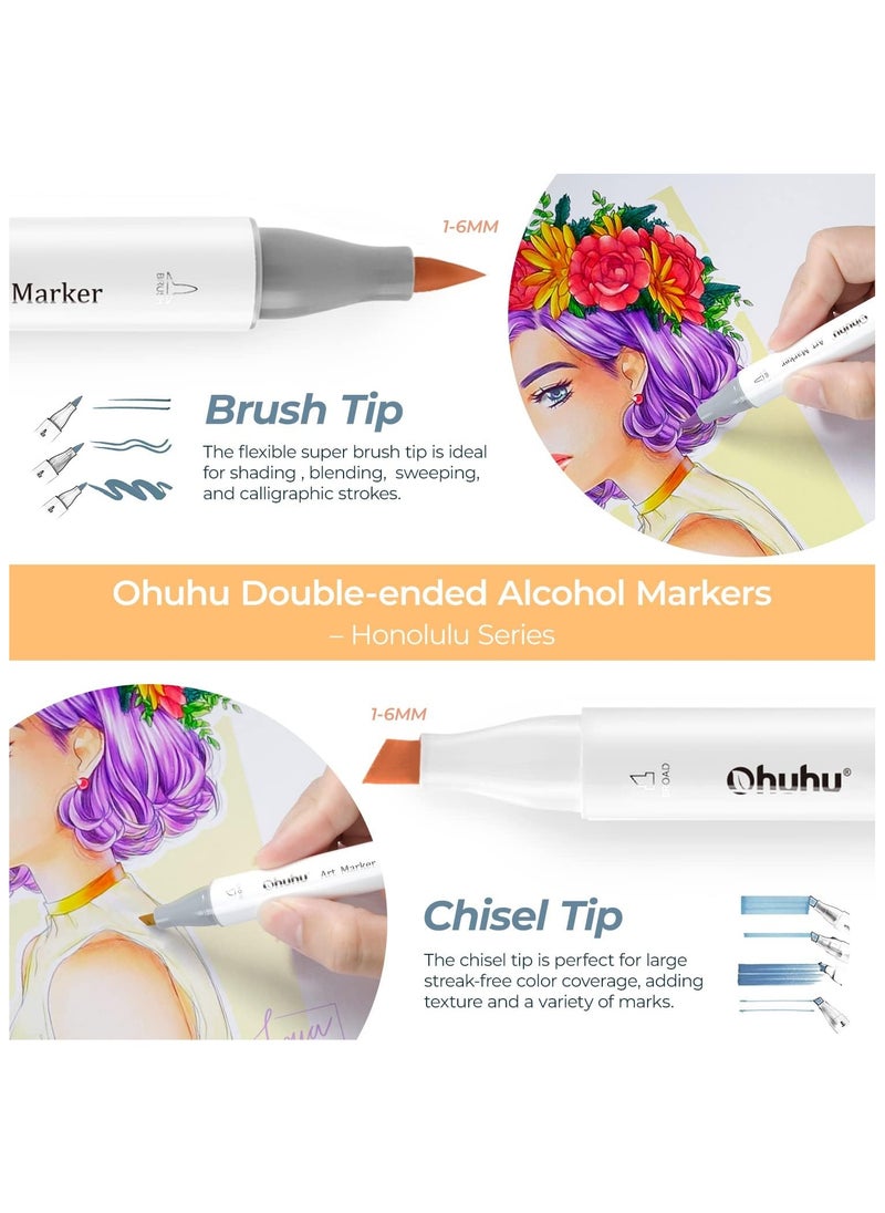 Ohuhu - Ohuhu Brush Markers - 216-color Double Tipped Art Marker Set for Artist Adults Coloring Illustration -Brush & Chisel Dual Tips - Honolulu Series of Ohuhu Markers - Refillable Ink - Image 1
