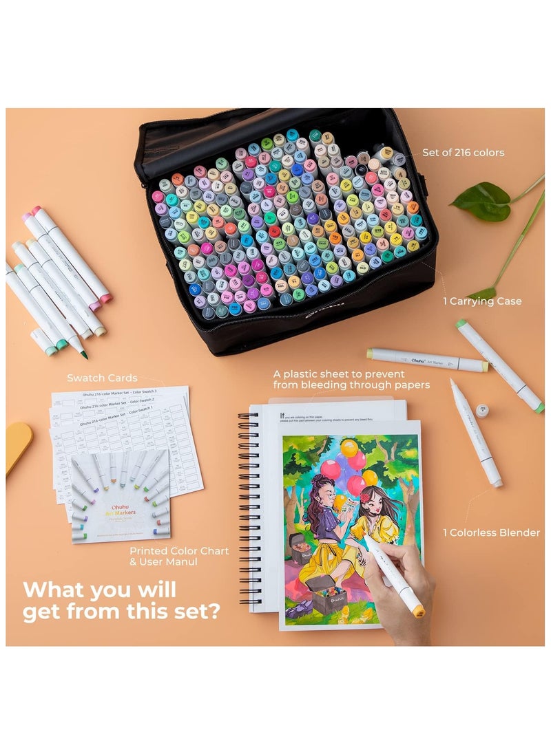 Ohuhu - Ohuhu Brush Markers - 216-color Double Tipped Art Marker Set for Artist Adults Coloring Illustration -Brush & Chisel Dual Tips - Honolulu Series of Ohuhu Markers - Refillable Ink - Image 1