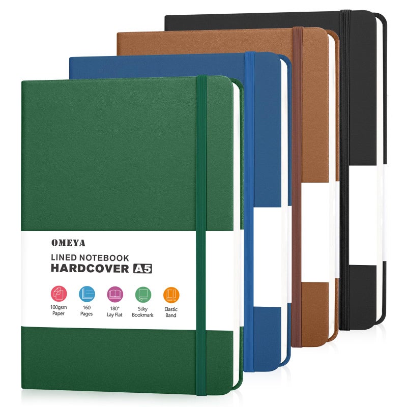 OMEYA 4 Pack Lined Journal Notebooks for Work, 100gsm Thick Paper, 5.7"x 8.3", College Ruled A5 Notebook Bulk, Leather Journal for Writing, Hardcover Notebooks for School, Office, Journal for Men - Image 1