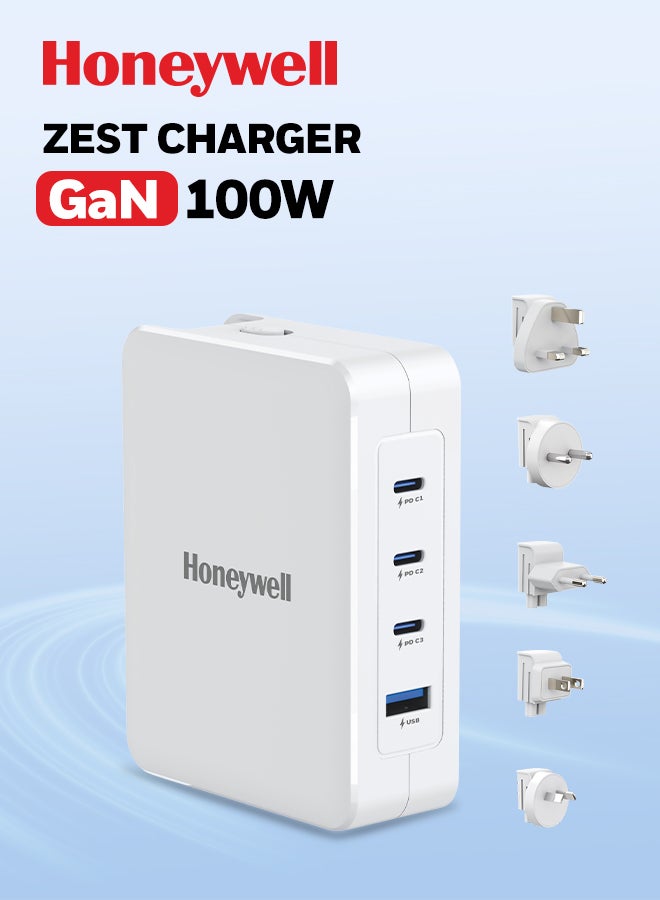 هوني ويل Zest Charger GaN 100W، شاحن حائط فائق السرعة مع دعم PPS، 3xType C PD 3.0 منافذ ومنفذ 1xUSB A، مزود بمقابس قابلة للتحويل، متوافق مع iPhone وMacBook Air وGalaxy وأجهزة الكمبيوتر المحمولة - Image 1