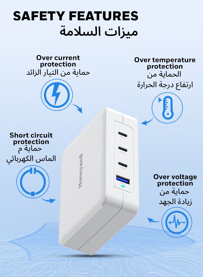 هوني ويل Zest Charger GaN 100W، شاحن حائط فائق السرعة مع دعم PPS، 3xType C PD 3.0 منافذ ومنفذ 1xUSB A، مزود بمقابس قابلة للتحويل، متوافق مع iPhone وMacBook Air وGalaxy وأجهزة الكمبيوتر المحمولة - Image 3