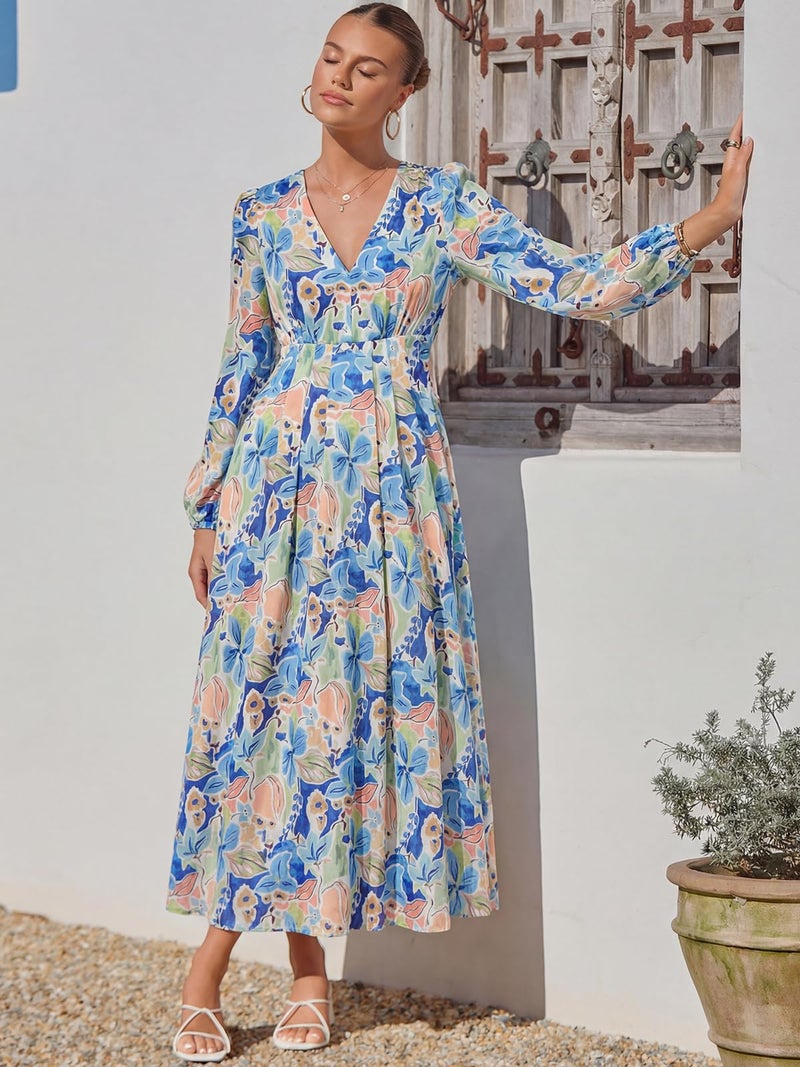 Maxigerui Women's Long Sleeve Floral Maxi Dress 2026 Spring Summer Wedding Guest Dress Blue Doodle Floral Print Dress XL - Image 4