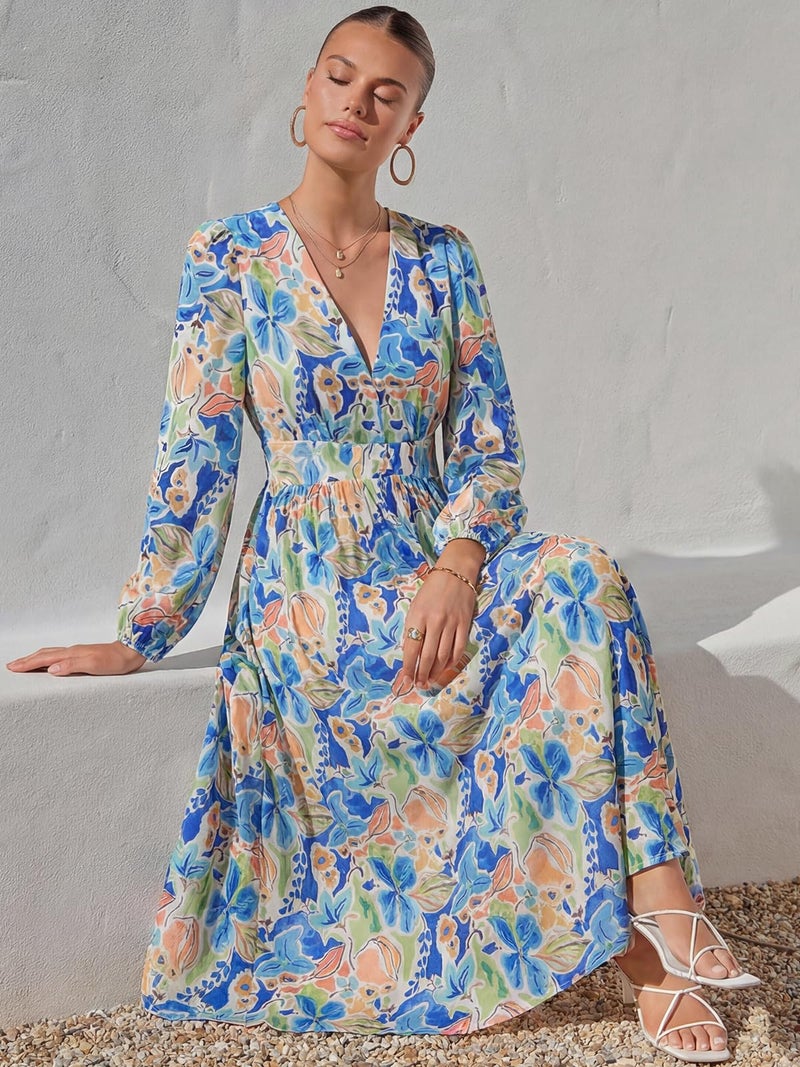 Maxigerui Women's Long Sleeve Floral Maxi Dress 2026 Spring Summer Wedding Guest Dress Blue Doodle Floral Print Dress XL - Image 5