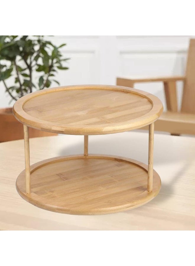 2-Tier Divided Turntable 12inch Bamboo Spinning Spice Rack Holder Kitchen Cabinet Counter Top Organizer Storage Container Rotating Tray - Image 2