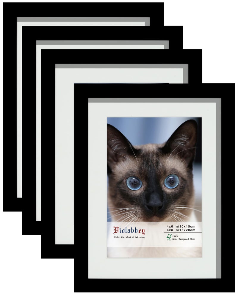 VIOLABBEY 6x8 Picture Frame Black Photo Frame Set of 4 Display 4x6 Photo with Mat and 6x8 without Mat Wall or Tabletop HD Real Glass