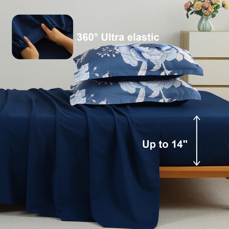 Luxudecor Floral Comforter Set Queen Size 7 Pieces Bed in a Bag,Flower Print on Blue Bedding Set,Soft Microfiber Bedding Set for All Season (Blue,90"x90") - Image 4