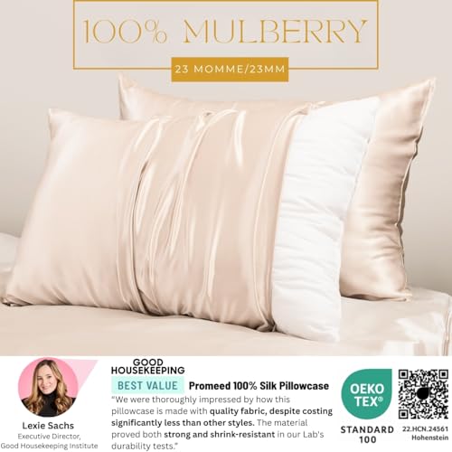 PROMEED 100% Mulberry Silk Pillowcase King for Hair and Skin, Both Sides Grade 6A+ 23mm Silk Pillow Case with Zipper, 1400 TC, Soft & Smooth (King 20"x36", Champagne) - Image 2