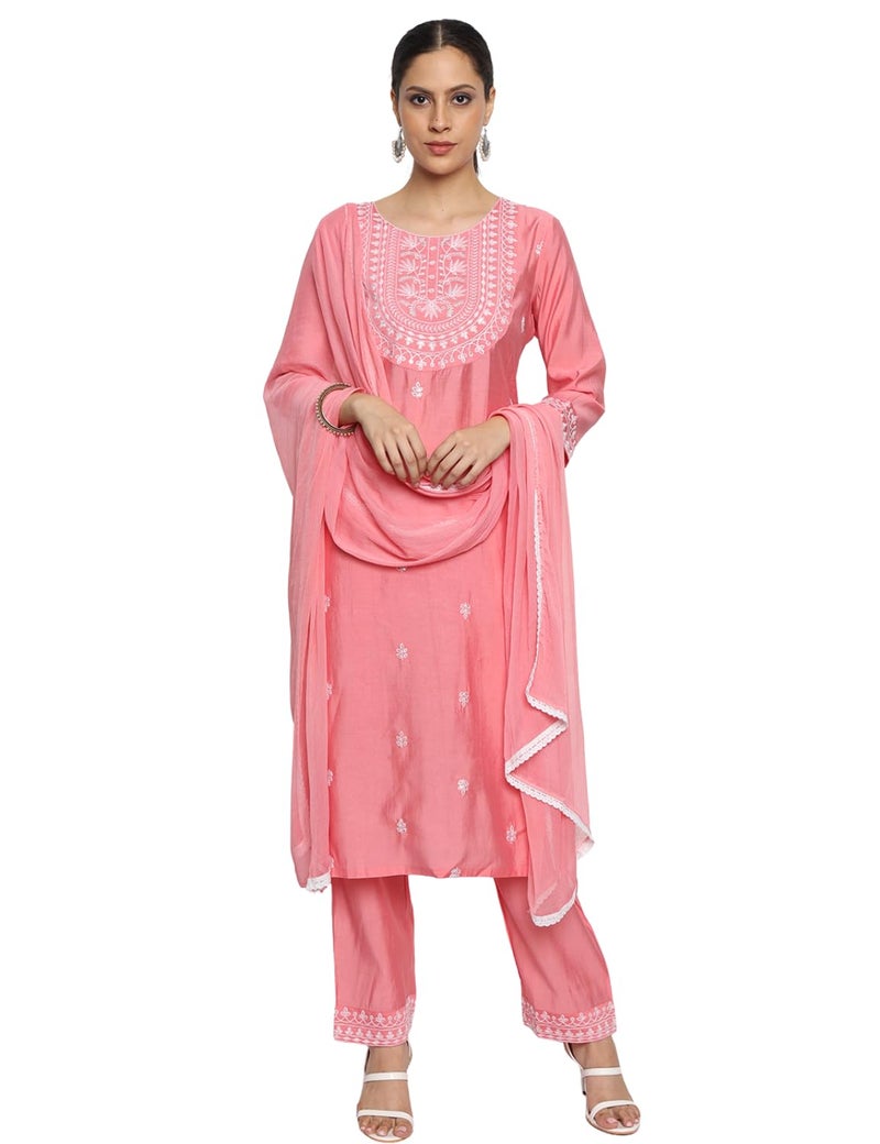 Kaari Women's Embroidered Kurta Set with Dupatta - Resham Bib Embroidery | Round Neck | Straight Fit Kurta Suit | Kurta Sets for Women - Image 4