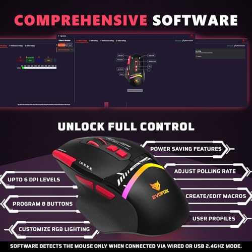 EvoFox Blaze 2 Wireless Gaming Mouse Tri-Mode Rechargeable, 12,800 DPI, 1000Hz Polling Rate, Ergonomic Design, RGB Lighting, 8 Programmable Buttons, Software Support - Image 5