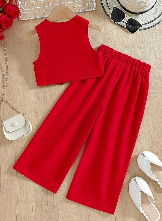 تايك تو Take Two Girls Red Button Detail Vest and Wide Leg Pants Set
