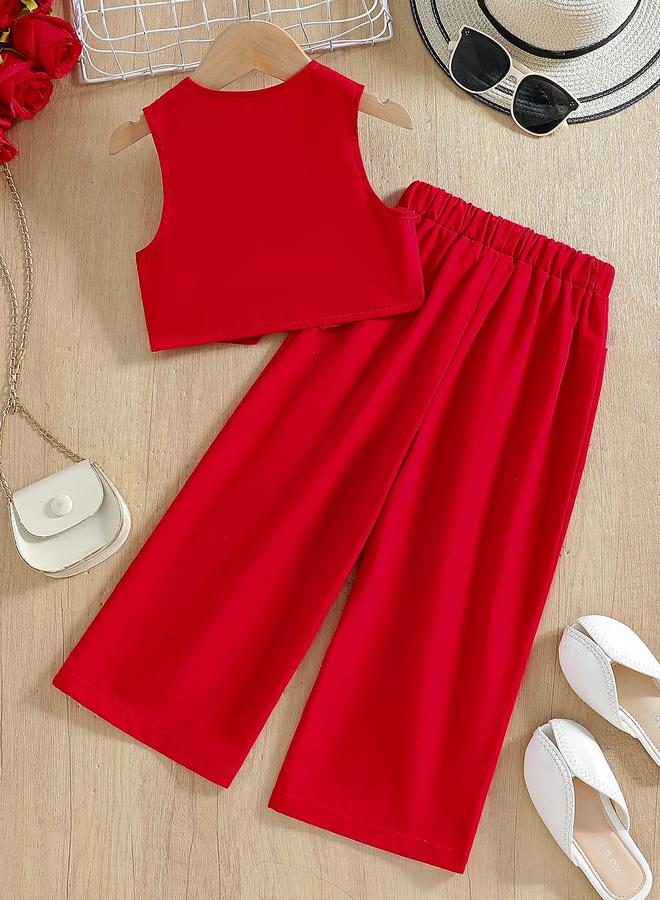 تايك تو طقم بناتي من فيست بأزرار وشورت واسع باللون الأحمر - Image 2