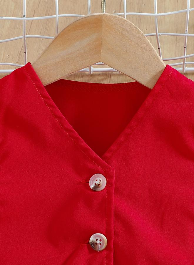 تايك تو طقم بناتي من فيست بأزرار وشورت واسع باللون الأحمر - Image 3