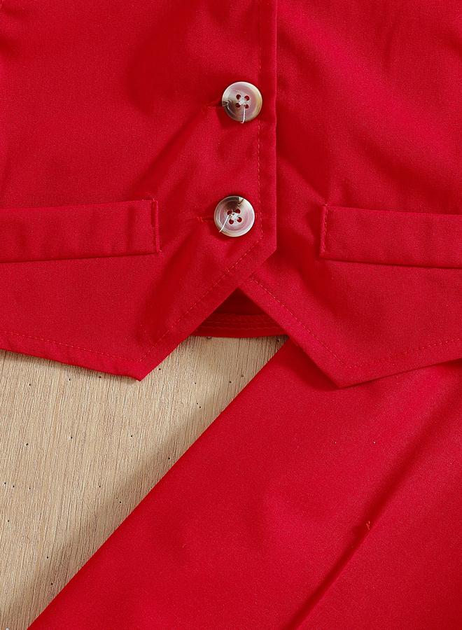 تايك تو طقم بناتي من فيست بأزرار وشورت واسع باللون الأحمر - Image 4