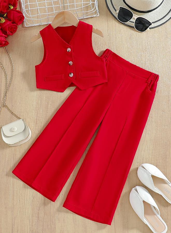 تايك تو طقم بناتي من فيست بأزرار وشورت واسع باللون الأحمر - Image 1