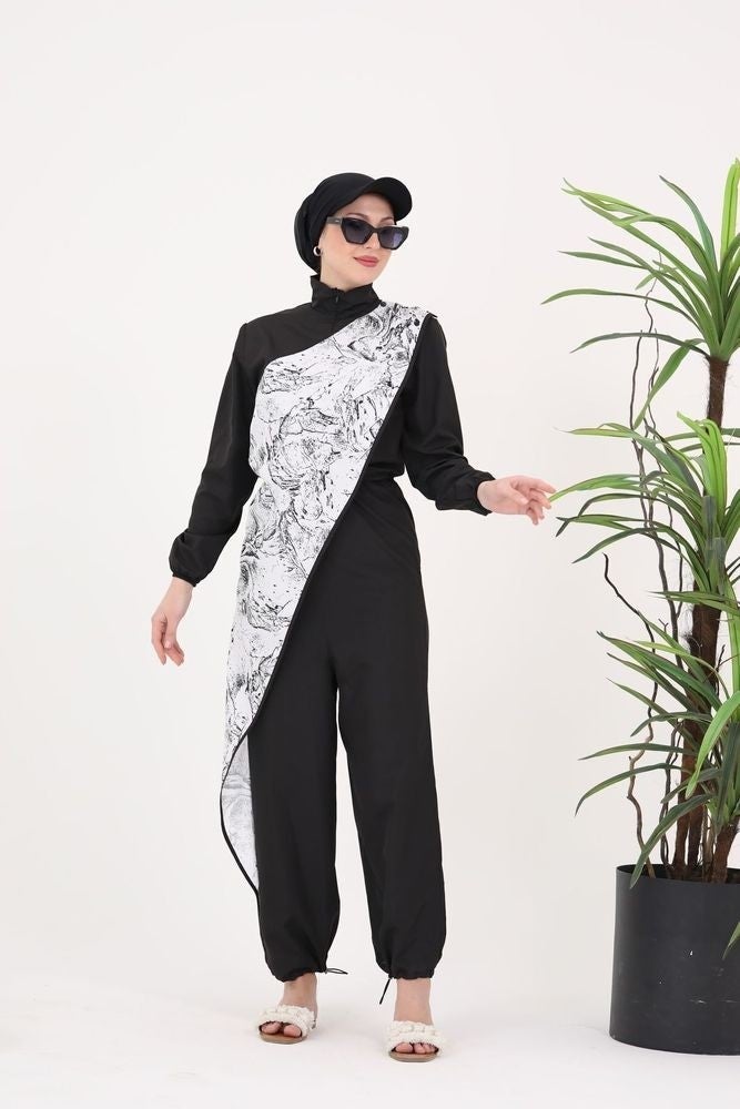 NS Tasarım NS Design Ocean White Angel Pattern Design Hijab Jumpsuit Swimsuit - Image 3
