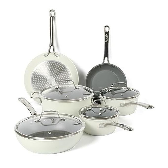 Sur La Table Kitchen Essentials 10 Piece PFA Free Non-Toxic Titanium Ceramic Nonstick Interior Forged Aluminum Cookware Pots and Pans Set - Linen White - Induction Compatible