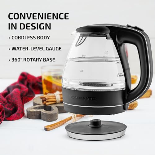 OVENTE Electric Kettle, 1.5L Borosilicate Glass Countertop Water Heater and Boiler for Coffee or Tea, BPA-Free, Auto Shut-Off, Boil-Dry Protection, Removable and Washable Spout Filter, Black KG83B - Image 4