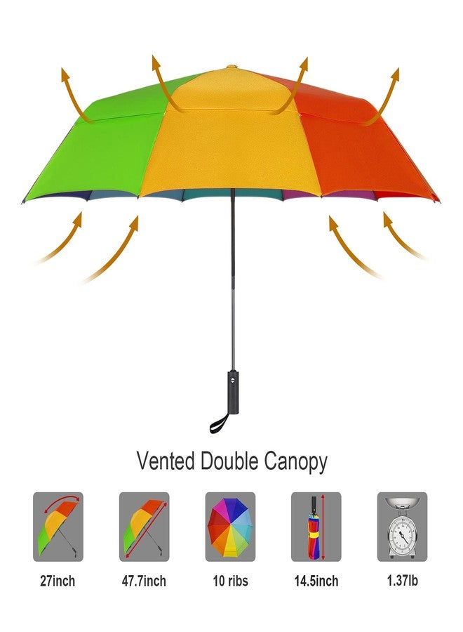 Lejorain Large Golf Umbrella Windproof - Oversized 54inch Double Layer Rainbow 10Ribs Folding Travel Umbrella Compact Auto Open Close for Rain Women/Men - Image 2