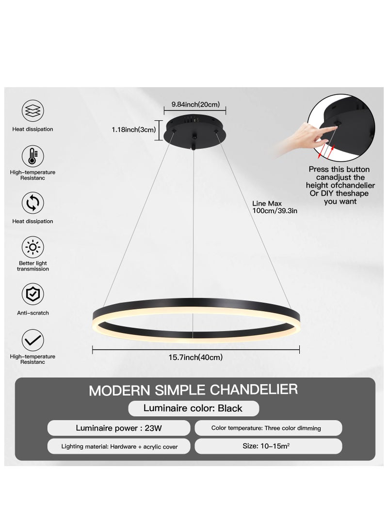 YATAI LIGHTING Modern LED Pendant Light,3 Color Dimming Modern Led Chandelier With Remote Control,1 Ring Black Adjustable Height Chandelier for Dining Room,Kitchen 23W  - Image 2