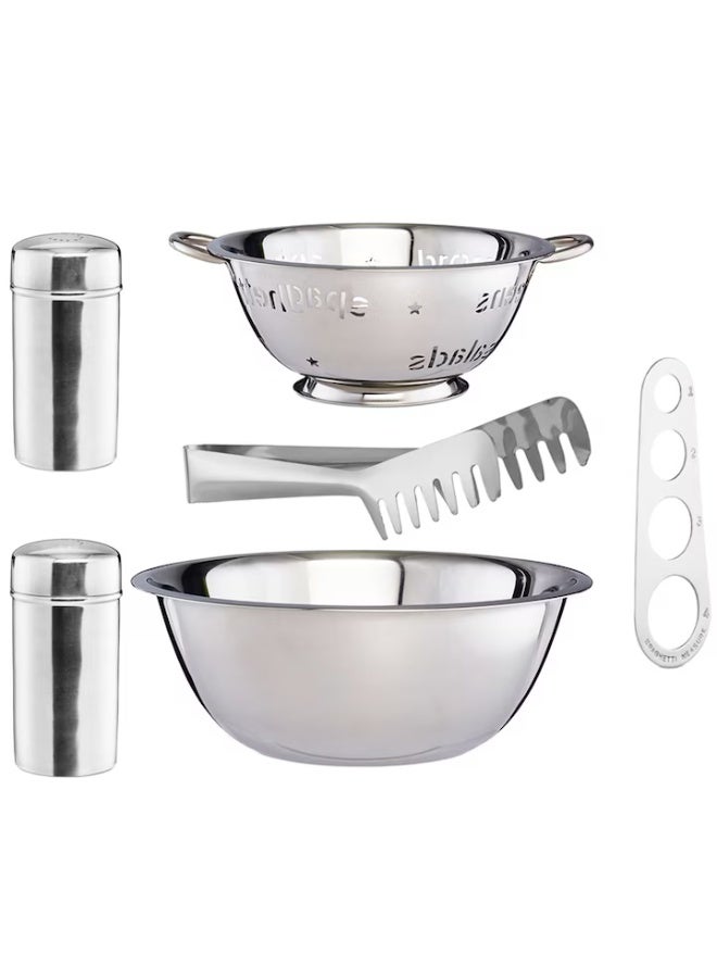 A-One Collection Pasta Preparation Set, 6 Pieces, Bowl, Strainer, Tongs, Saucer, Serving, Portion Measurement, Chromed, Relaxdays - Image 2