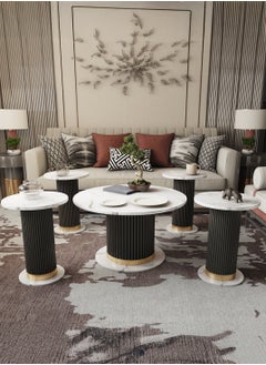 Luxury Coffee Table Set – 5 Pieces, with an Elegant Olive Black Design, White Marble Surface with Gold Accents, Main Table (80 cm Diameter, 49 cm Height) & Four Side Tables (40 cm Diameter, 54 cm Height). - pzsku/ZBF2BCBC9A66E02AA3D22Z/45/_/1738537773/f1c2d9c3-bb3d-4d18-9e75-2f133cfaab1d