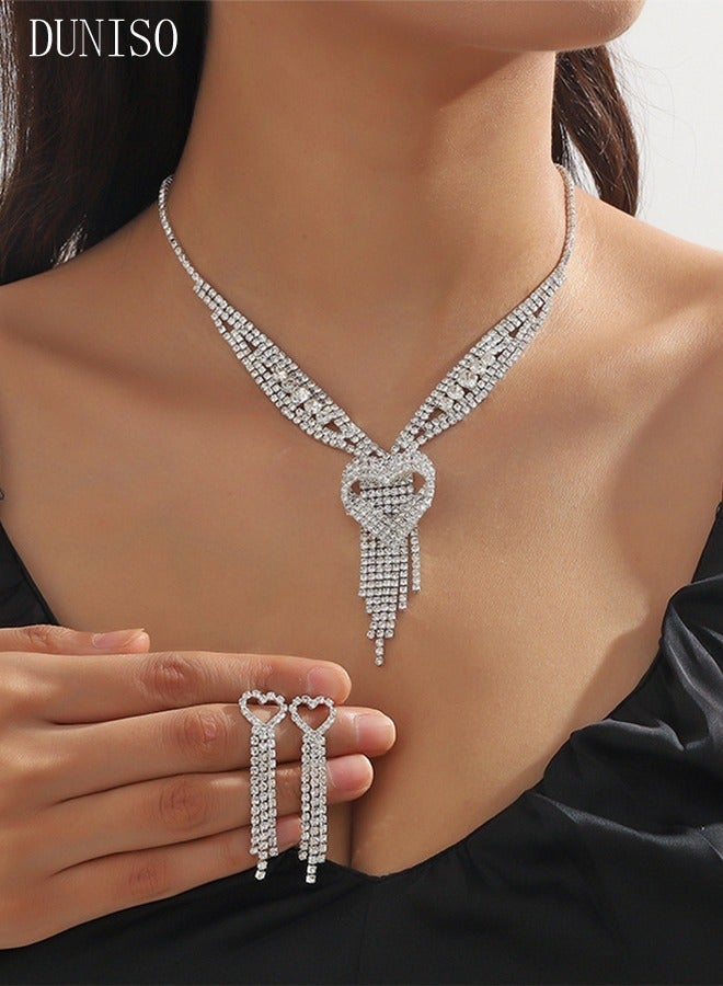 DUNISO 2pieces Jewelry Set With Necklace and Earring Crystal Bridal Wedding Jewelry Set Bridesmaid Party Choker Necklace Water Drop Pendant Earrings Sets for Women and Girls - Image 5