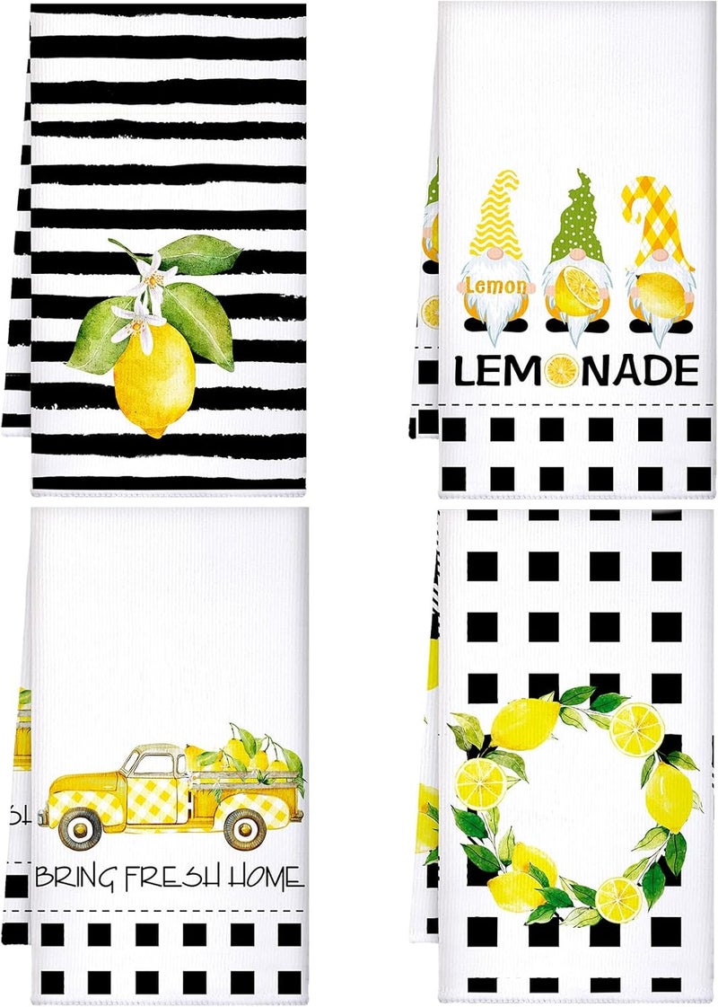 Bencailor 4 Pcs Lemon Kitchen Towels Lemonade Dish Towels Gnome Black and White Decorative Hand Tea Dishcloths with Hanging Loop for Home Housewarming Gift Kitchen Decor Accessories - Image 1