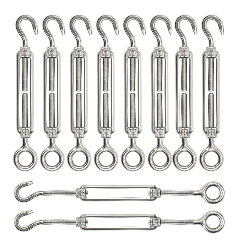 Lsqurel Turnbuckle 10PCS 304 Stainless Steel Turnbuckle Hook and Eye Heavy Duty M4 M6 M8 M10 Tensioner Adjustable Shade Sail Hardware for Tightening up Metal Cable Wire 5/32 1/4 5/16 3/8 - Image 1