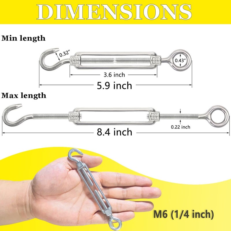 Lsqurel Turnbuckle 10PCS 304 Stainless Steel Turnbuckle Hook and Eye Heavy Duty M4 M6 M8 M10 Tensioner Adjustable Shade Sail Hardware for Tightening up Metal Cable Wire 5/32 1/4 5/16 3/8 - Image 2