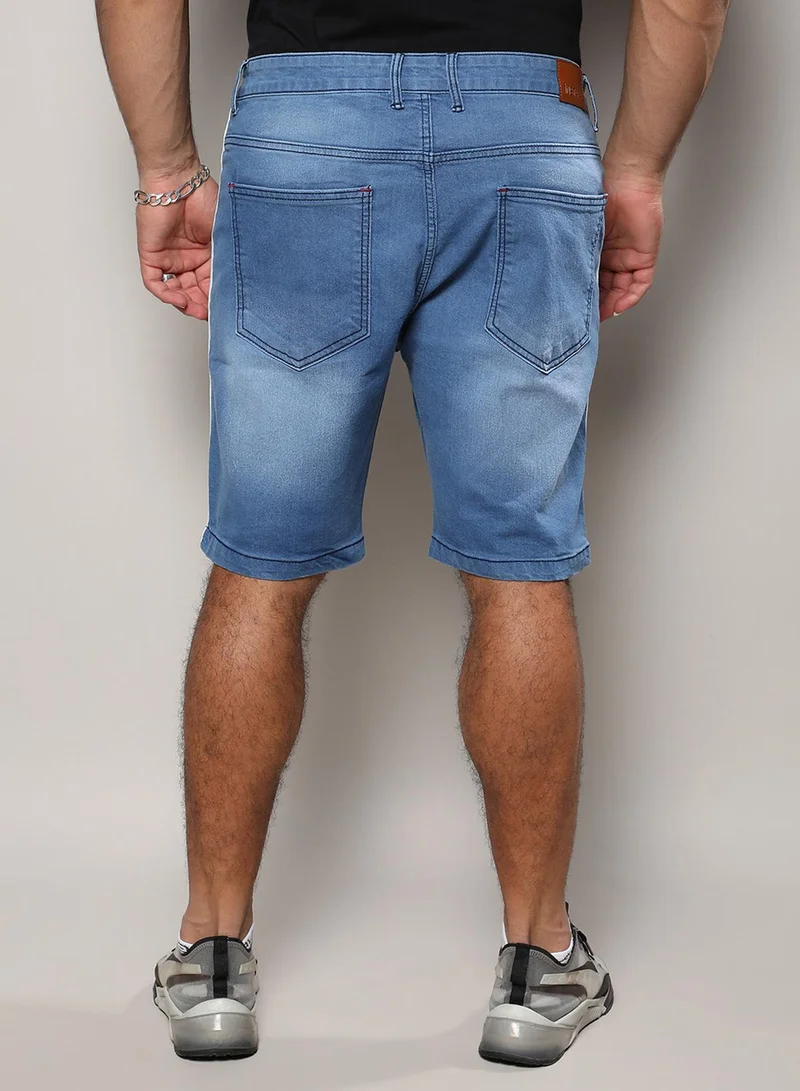 Instafab Plus Instafab Plus Men's Light Blue Side-Striped Denim Shorts For Casual Wear | Light-Wash | 5 Pockets | Button Closure | Denim Shorts Crafted With Comfort Fit For Everyday Wear