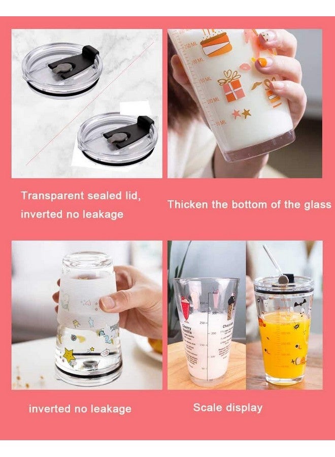 KELVEE Cartoon Pattern Tumbler Glass Multipurpose Drinking Glass Measuring Mug/Cup With Silicone Straw And Glass Lid Random Pattern (Pack Of 2) 400 Ml (Sipper - 2), 400 Milliliter - Image 5