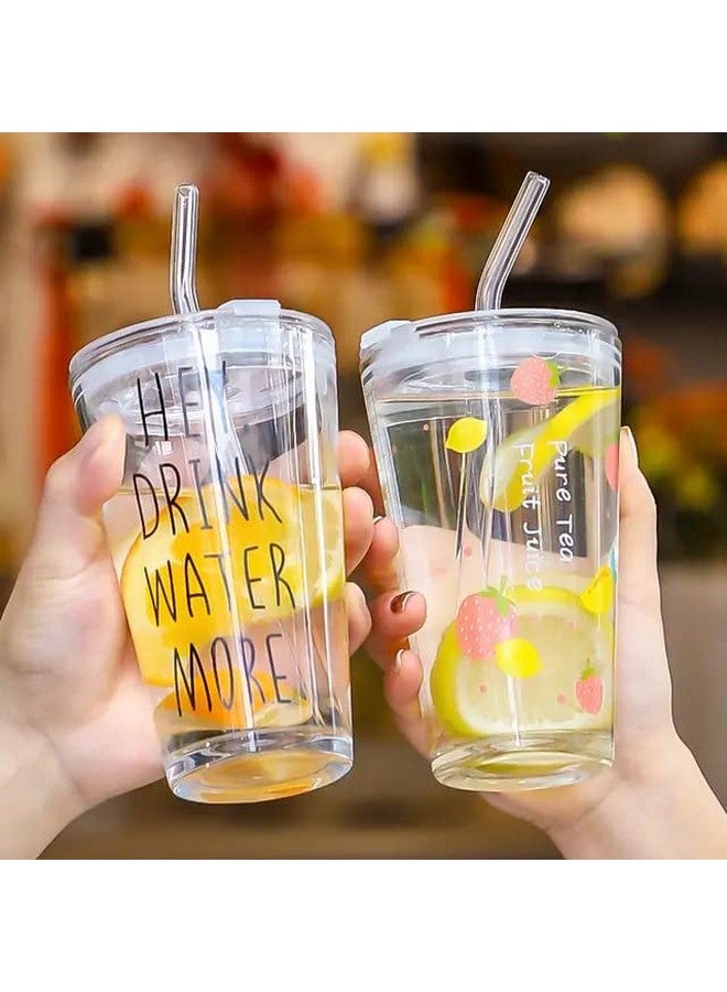 KELVEE Cartoon Pattern Tumbler Glass Multipurpose Drinking Glass Measuring Mug/Cup With Silicone Straw And Glass Lid Random Pattern (Pack Of 2) 400 Ml (Sipper - 2), 400 Milliliter - Image 1